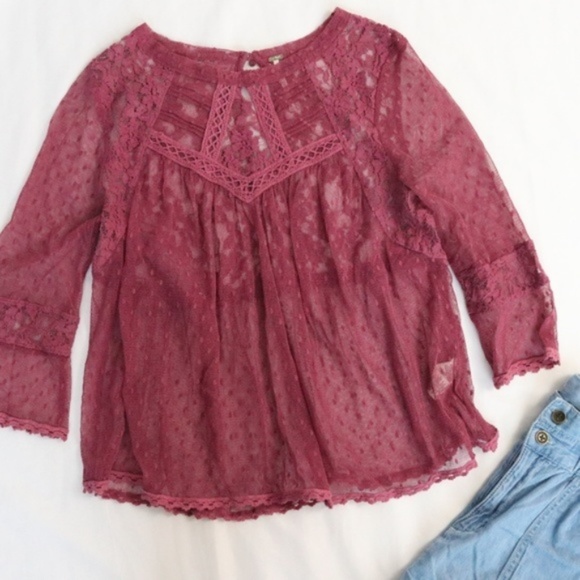 Free People Tops - Free People berry color lace sheer top -B5